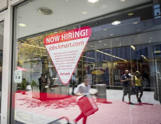 KMart retail now hiring in New York A sign on the window of a KMart store in New York advertises that it is Now Hiring on Sunday, June 14, 2015. (  RichardxB.xLevine