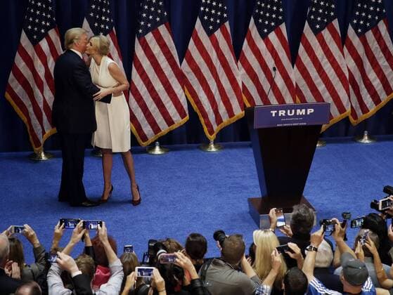 Donald Trump is greeted by daughter Ivanka before he speaks to supporters and media announcing he will be running for President of the United States at Trump Tower on 5th Avenue in New York City on June 16, 2015. Trump is the 12th Republican running for the White House.  NYP20150616105 JOHNxANGELILLO