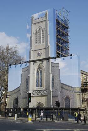 England, London, Fulham. A giant photograph hiding scaffolding on St John s Church in Fulham. A giant photograph hiding scaffolding on St John s Church in Fulham. RobertoxHerrett LOOPxIMAGES RHE1151206