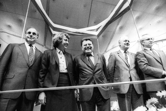 CSU Wahlkongress 1980, Kanzlerkandidat Franz Josef Strauß (Ministerpräsident Bayern CSU) mit seiner Frau Marianne, Helmut Kohl (Parteivorsitzender CDU, li.), Gerhard Stoltenberg (Ministerpräsident Schleswig Holstein, CDU, 2.v.re.) und Edmund Stoiber (CSU)