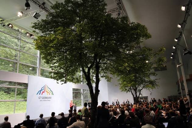 Pressekonferenz mit Bundeskanzlerin Angela Merkel am Montag (08.06.2015) auf Schloss Elmau beim G 7 Gipfeltreffen .