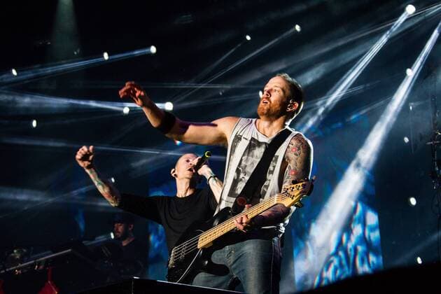 NANJING, CHINA - JULY 17: (CHINA OUT) Rock band Linkin Park perform on the stage during The Hunting Party - 2015 China Tour Station Nanjing Station at Nanjing Olympic Sports Center on July 17, 2015 in Nanjing, Jiangsu Province of China.  CFP470484440