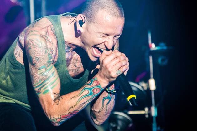 SHANGHAI, CHINA - JULY 22: (CHINA OUT) Chester Bennington of Linkin Park performs on the stage during The Hunting Party 2015 China Tour at Hongkou Football Stadium on July 22, 2015 in Shanghai, China.  CFP470683775