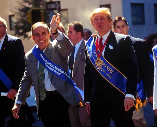 File material related to Donald Trump NYC Mayor Rudy Giuliani (L) and Real Estate Developer Donald Trump (R) march in the 42nd Annual Steuben Day Parade on September 18, 1999. Mr. Trump, who was Grand Marshal, has been proposed as a possible candidate for Vice President in the Reform Party, running with Pat Buchanan and Mayor Giuliani is a candidate for Senate in the Rpublican Party. (  RichardxB.xLevine