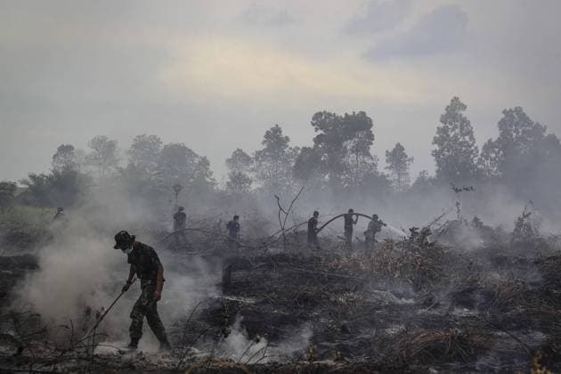 IMAGO Nature: Unsere Erde, Umweltverträgliche Herausforderungen, Kohlendioxid Aug. 6, 2015 - Rimbo Panjang, Kampar, Indonesia - An Indonesian military spray water on forest burned area at Rimbo Panjang Village, Kampar, Riau, Indonesia, at August 06. 2015. During IndonesiaÃ¢â‚¬â ¢s annual dry season, hundreds of fires are often illegally ignited to clear forests in the islands of Sumatra and Kalimantan, where large forest concessions are used by pulp and paper and palm oil companies. The heavy smoke can shroud neighbouring Singapore and Malaysian cities with smog and haze. Rimbo Panjang Indonesia  - ZUMAn230