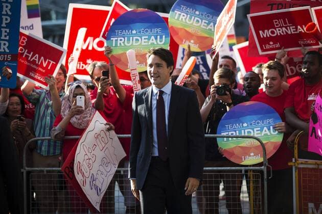 Aug. 6, 2015 - Toronto, ON, Canada - TORONTO, ON- August 6 - Liberal Leader Justin Trudeau greets his supporters before faces off with Stephen Harper, NDP Leader Thomas Mulcair and Green party Leader Elizabeth May in the first election debate. August 6, 2015 Toronto Canada  - ZUMAt14_