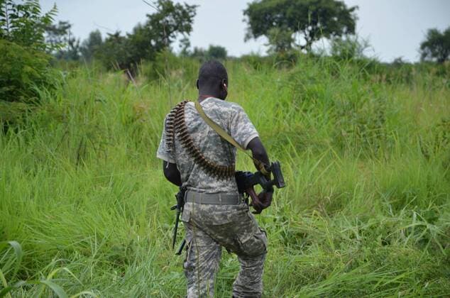 Aug 20, 2015 - Juba, South Sudan - SPLA Colonel PHILIP AGUER visits the area where the attack was carried out by an armed group on Pageri area is the work of terrorist and barbaric and inhuman because they targeted innocent citizens, where they burned the homes of citizens and during this attack the burning old man. Aguer said that when he speaking to reporters in Pageri area he added that Riek group says it is responsible for this attack and this mislead to the international media. Juba South Sudan - ZUMAb132