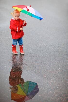 kleines Maedchen in Regenkleidung mit geoeffnetem Regenschirm little girl in rain clothes with opened umbrella BLWS272230
