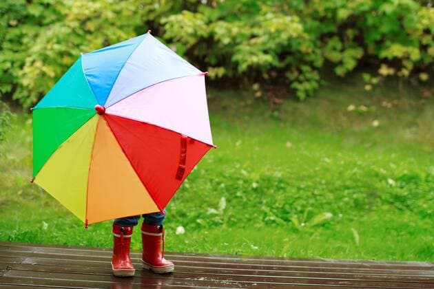 Kleines Maedchen versteckt sich hinter Regenschirm little girl hiding behind an umbrella BLWS272233