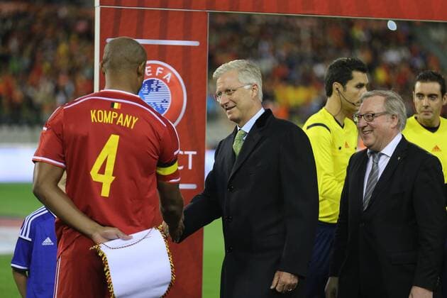 - BRUSSELS, BELGIUM: Belgium s captain Vincent Kompany, King Philippe of Belgium and KBVB-URBSFA Belgium soccer union chairman Francois De Keersmaecker pictured at the start of a Euro 2016 qualification games between Belgian national soccer team Red Devils and Bosnia and Herzegovina, Thursday 03 September 2015, in Brussels King Baudouin stadium (Stade Roi Baudouin - Koning Boudewijnsatdion). Tuesday  BRUNOxFAHY 04692856