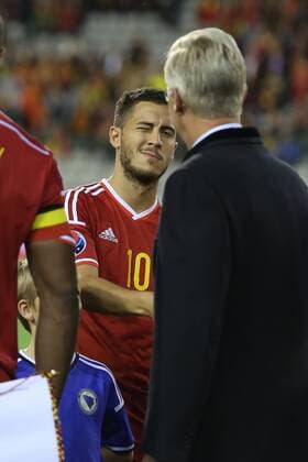 - BRUSSELS, BELGIUM: Belgium s Eden Hazard and King Philippe of Belgium pictured at the start of a Euro 2016 qualification games between Belgian national soccer team Red Devils and Bosnia and Herzegovina, Thursday 03 September 2015, in Brussels King Baudouin stadium (Stade Roi Baudouin - Koning Boudewijnsatdion). Tuesday  BRUNOxFAHY 04692857