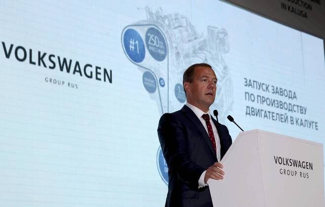 KALUGA, RUSSIA. SEPTEMBER 4, 2015. Russia s Prime Minister Dmitry Medvedev visits the Volkswagen Group Rus engine plant. Yekaterina Shtukina Russian Government Press Office TASS  TS00CFA2