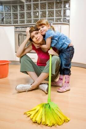 Woman cleaning up kitchen with her daughter.  1274510