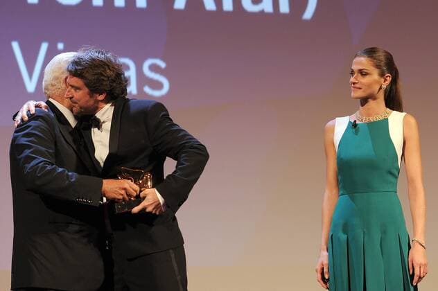72nd Venice Film Festival, Awards Ceremony Pictured: Lorenzo Vigas, Golden Lion for the best film Desde Alla , Paolo Baratta, Elisa Sednaoui  AlbertoxTerenghi Veneziax2015