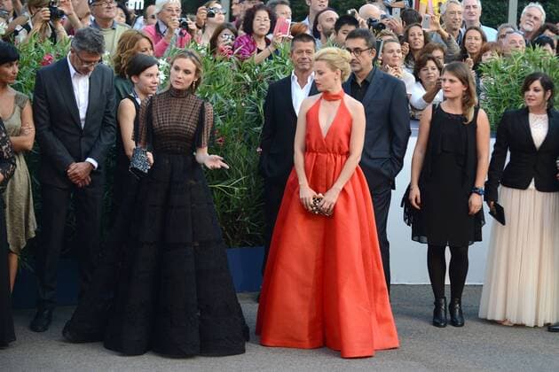 Jury member Diane Kruger (left) and Elisabeth Banks (right) arrive at the Red Carpet - during the Biennale Film Festival Mostra Del Cinema in Venice, Italy.