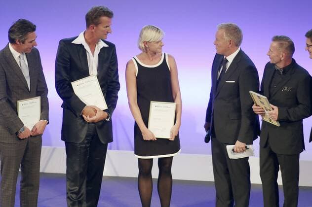 Michael Stich, Dr. Michael Groß, Anja Fichtel, Johannes B. Kerner, Dr. Hans-Georg Aschenbach bei der Verleihung der Goldenen Sportpyramide 2015 in der Handelskammer. Hamburg, 12.09.2015 Foto:xgbrcix xFuturexImage