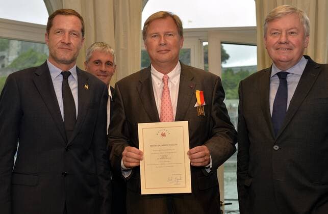 - NAMUR, BELGIUM: Walloon Minister President Paul Magnette, Pierre Rion and Federation Wallonia - Brussels Minister of Higher Education, Research and Media Jean-Claude Marcourt pictured during the award ceremony for the Merite Wallons by the Walloon Government at the Elysette, in Jambes, Namur, Thursday 17 September 2015.  ERICxLALMAND 04702132