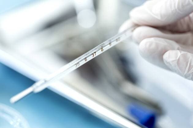Hands in surgical gloves holding thermometer model released Symbolfoto property released  ZEF006493