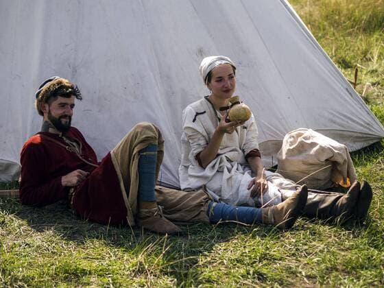 Sept. 19, 2015 - Enactors in medieval clothes resting near the tent -- In the historical festival Civilization in Kiev, Ukraine have been replicated the history of revolutions, way of life and the atmosphere of centuries since antiquity and the middle of the twentieth century - ZUMAg154