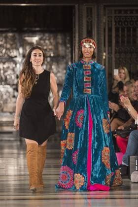 London, UK. 19 09 2015. Designer Maral Yazarloo with a model on the runway. Runway show of designer Maral Yazarloo for Maral - House of Middle East and Asia at Fashion Scout during London Fashion Week. London Fashion Week, Maral at Fashion Scout, London, UK 