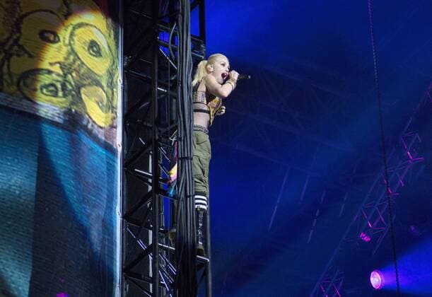 Sept. 18, 2015 - San Diego, CA, USA - September 18, 2015 - San Diego, California, USA - Gwen Stefani of the band No Doubt sings after climbing up a tower while headlining day one of the Kaaboo Festival at the Del Mar Fairgrounds. San Diego USA - ZUMAa97_