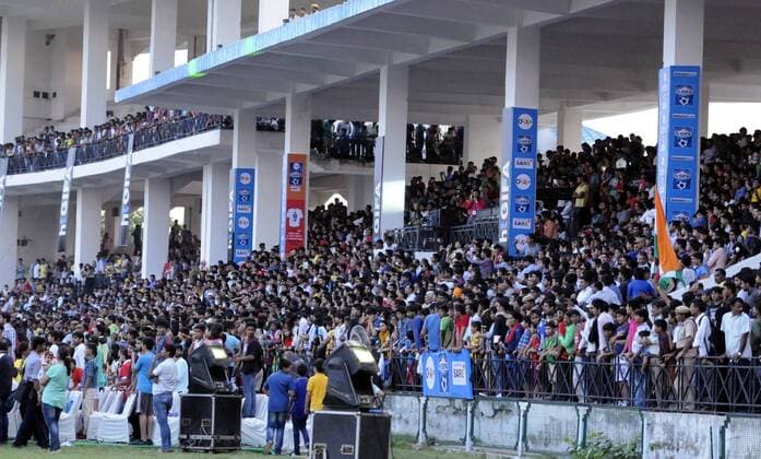 GURGAON, INDIA - SEPTEMBER 20: People during the HT GIFA (Hindustan Times Great Indian Football Action) grand opening ceremony event in Tau Devi Lal stadium, on September 20, 2015 in Gurgaon, India. HT GIFA organized to encourage and kickstart an event that promises to be the perfect launch pad for some promising football talent of the Delhi-NCR and Gurgaon region. (Photo by Parveen Kumar Hindustan Times ) Hindustan Times Great Indian Football Action Opening Ceremony In Gurgaon