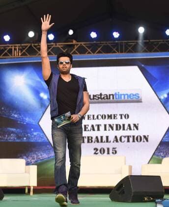 GURGAON, INDIA - SEPTEMBER 20: Bollywood actor Manish Paul during the HT GIFA (Hindustan Times Great Indian Football Action) grand opening ceremony event in Tau Devi Lal stadium, on September 20, 2015 in Gurgaon, India. HT GIFA organized to encourage and kickstart an event that promises to be the perfect launch pad for some promising football talent of the Delhi-NCR and Gurgaon region. (Photo by Vipin Kumar Hindustan Times ) Hindustan Times Great Indian Football Action Opening Ceremony In Gurgaon