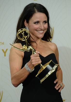 Julia Louis-Dreyfus holds her Emmy Award for outstanding lead actress in a comedy series for her portrayal of Selina Meyer on Veep at the 67th Primetime Emmy Awards in the Microsoft Theater in Los Angeles on September 20, 2015.  LAP2015092169 JIMxRUYMEN