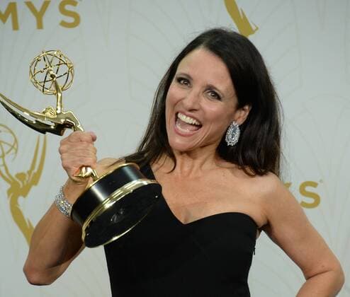 Julia Louis-Dreyfus holds her Emmy Award for outstanding lead actress in a comedy series for her portrayal of Selina Meyer on Veep at the 67th Primetime Emmy Awards in the Microsoft Theater in Los Angeles on September 20, 2015.  LAP2015092172 JIMxRUYMEN