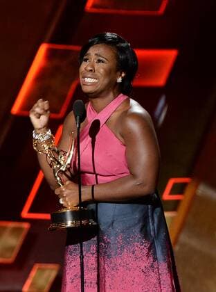 Actress Uzo Aduba accepts the award for Outstanding Supporting Actress in a Drama Series for Orange Is the New Black during the 67th Primetime Emmy Awards in the Microsoft Theater in Los Angeles on September 20, 2015.  LAP20150920833 KENxMATSUI