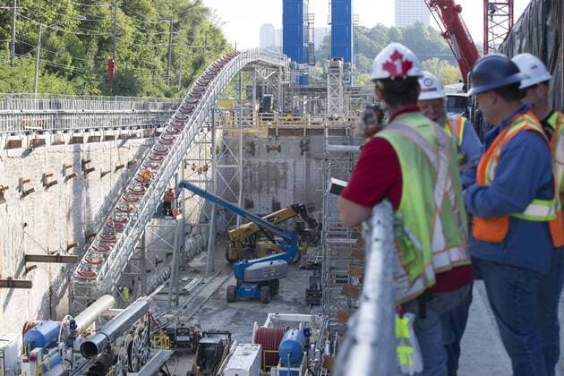 Sept. 24, 2015 - Toronto, ON, Canada - TORONTO, ON - SEPTEMBER 24 - One of two conveyers are under construction at the site where two large boring machines on Eglinton Ave. East will soon begin boring toward Yonge St. The conveyers will remove the material bored out from the tunnel. The Crosstown is a light rail transit (LRT) line that will run across Eglinton Avenue between Mount Dennis (Weston Road) and Kennedy Station. This 19-kilometre corridor will include a 10-kilometre underground portion, between Keele Street and Laird Drive. September 24, 2015. Toronto Canada  - ZUMAt14_