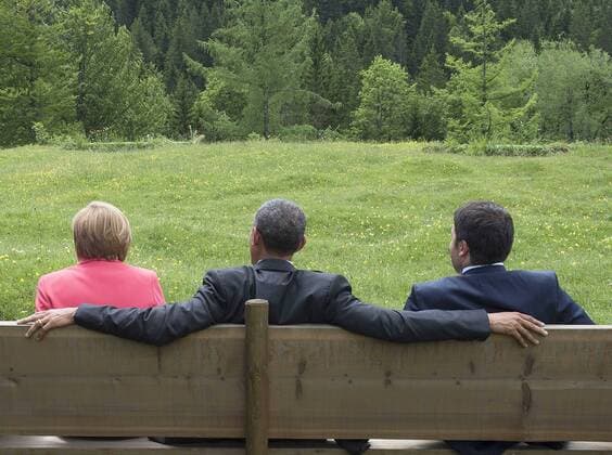 June 8, 2015 - Schloss Elmau, Germany - US President Barack Obama sits between Italian Prime Minister Matteo Renzi and IMF President Christine Lagarde following an extended group photo on the second day of the G7 Summit meeting at the Schloss Elmau June 8, 2015 near Garmisch-Partenkirchen, Germany. Schloss Elmau Germany - ZUMAp138