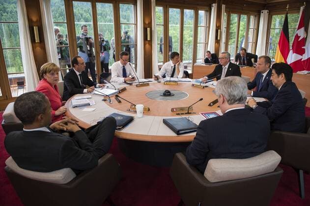 June 8, 2015 - Krun, Germany - World leaders meet during the second day of meetings at the G7 Summit meeting June 8, 2015 in Schloss Elmau, Germany. Sitting (L to R): German Chancellor Angela Merkel, French President Francois Hollande, British Prime Minister David Cameron, Italian Prime Minister Matteo Renzi, European Commission President Jean-Claude Juncker, European Council President Donald Tusk, Japanese Prime Minister Shinzo Abe, Canadian Prime Minister Stephen Harper and United States President Barack Obama. Krun Germany - ZUMAp138