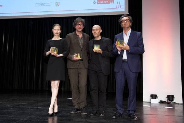 von links: Preistaegerin Nora von WALDSTAETTEN, von Waldstätten, AUT, Schauspielerin, Preistraeger David SCHALKO, AUT, Regisseur, Preistraeger Joshua OPPENHEIMER, USA, Regisseur, Preistraeger Paolo SORRENTINO, ITA, Regisseur, Schriftsteller, Autor, Preisverleihung der Cologne Conference in Koeln, 30.09.2015.