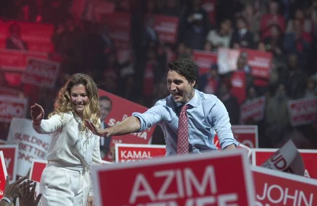 Oct. 4, 2015 - Brampton, toronto, Canda - Liberal Leader Justin Trudeau (here with his wife Sophie Gregoire) attended an election rally in the city of Brampton near Toronto, Canada on 4th October 2015...Thousands of Canadian flocked the auditorium in support of Justin Trudeau- The Prime Ministerial candidate of the Liberal Party of Canada for the Federal election scheduled for 19th October, 2015. Justin Trudeau was accompanied by his wife Sophie GrÃƒÂ©goire and his three children. Brampton Canda  - ZUMAn230