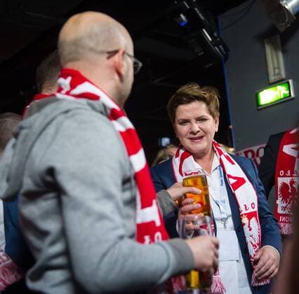 Beata Szydlo, PiS candidate for the Prime Minister post in the upcoming elections, watches Scotland vs Poland Euro 2016 qualifier Krzysztof Lapinski, Beata Szydlo Beata Szydlo, PiS candidate for the Prime Minister post in the upcoming elections, watches Scotland vs Poland Euro 2016 qualifier on October 8, 2015 in Warsaw, Poland. EN_01188775_0001 
