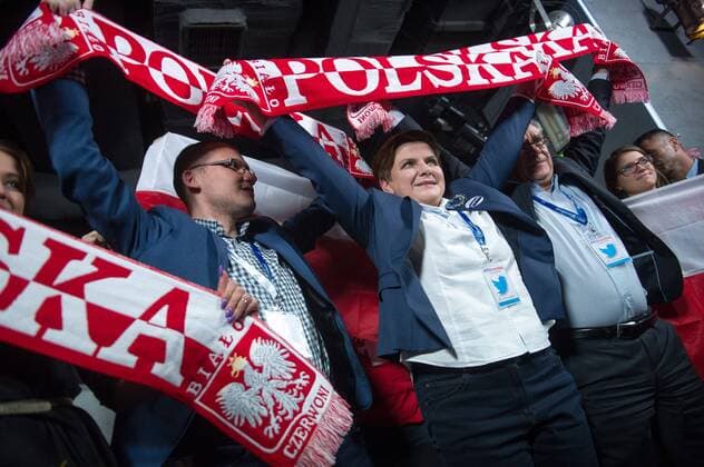 Beata Szydlo, PiS candidate for the Prime Minister post in the upcoming elections, watches Scotland vs Poland Euro 2016 qualifier Beata Szydlo, PiS candidate for the Prime Minister post in the upcoming elections, watches Scotland vs Poland Euro 2016 qualifier on October 8, 2015 in Warsaw, Poland. EN_01188775_0007 