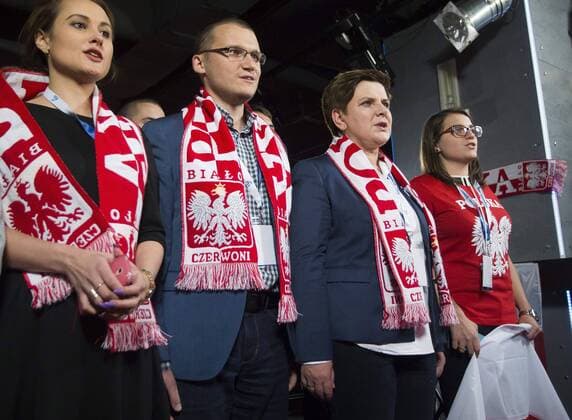 Oct. 8, 2015 - Warsaw, Poland - Beata Szydlo candidate the largest opposition party Law and Justice for Prime Minister of Poland, watching a football match Poland-Scotland, after a meeting with voters, on October 8, 2015, in Warsaw, Poland. Warsaw Poland  - ZUMAn230