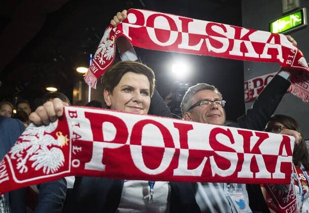 Oct. 8, 2015 - Warsaw, Poland - Beata Szydlo candidate the largest opposition party Law and Justice for Prime Minister of Poland, watching a football match Poland-Scotland, after a meeting with voters, on October 8, 2015, in Warsaw, Poland. Warsaw Poland  - ZUMAn230