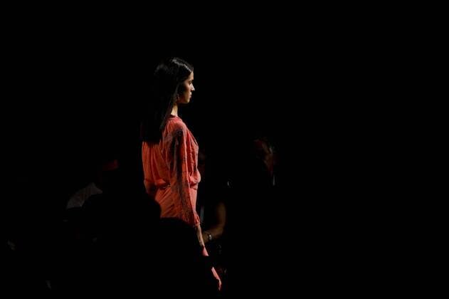 Oct. 10, 2015 - Lisbon, Portugal - Model presents spring summer 2016 creation by designer Christophe Sauvat during the 45rd edition of Moda Lisboa Fashion Week at the Patio da Gale on Terreiro do Paco Square in Lisbon on October 10, 2015. NURPHOTO CARLOS PALMA. Lisbon Portugal  - ZUMAn230