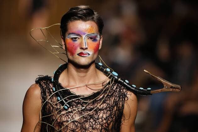 Oct. 10, 2015 - Lisbon, Portugal - Model presents spring summer 2016 creation by designer Valentim Quaresma during the 45rd edition of Moda Lisboa Fashion Week at the Patio da Gale on Terreiro do Paco Square in Lisbon on October 10, 2015. NURPHOTO CARLOS PALMA. Lisbon Portugal  - ZUMAn230