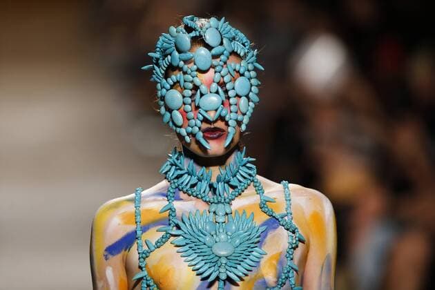Oct. 10, 2015 - Lisbon, Portugal - Model presents spring summer 2016 creation by designer Valentim Quaresma during the 45rd edition of Moda Lisboa Fashion Week at the Patio da Gale on Terreiro do Paco Square in Lisbon on October 10, 2015. NURPHOTO CARLOS PALMA. Lisbon Portugal  - ZUMAn230