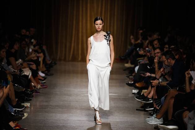 Oct. 10, 2015 - Lisbon, Portugal - Model presents spring summer 2016 creation by designer Miguel Vieira during the 45rd edition of Moda Lisboa Fashion Week at the Patio da Gale on Terreiro do Paco Square in Lisbon on October 10, 2015. NURPHOTO CARLOS PALMA. Lisbon Portugal  - ZUMAn230