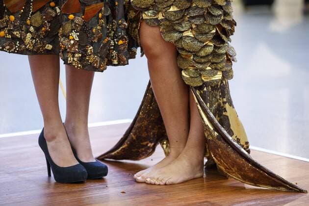 Oct. 12, 2015 - London, London, UK - London, UK. Models dressed in clothing made entirely from chocolate showcasing The Chocolate Show s fashion collection at St Pancras International station on Monday, 12 October, 2015. London UK  - ZUMAl94_