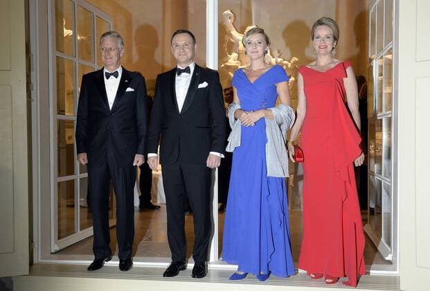 - WARSAW, POLAND: King Philippe - Filip of Belgium, Poland s President Andrzej Duda, Poland s First Lady Agata Kornhauser-Duda and Queen Mathilde of Belgium pose for the photographer before a recital by an ensemble of the National Orchestra of Belgium, at the Royal Theatre of the Old Orangery in Warsaw, Poland, on the second day of a three days State Visit of Belgium in Poland, Wednesday 14 October 2015.  ERICxLALMAND 04721062