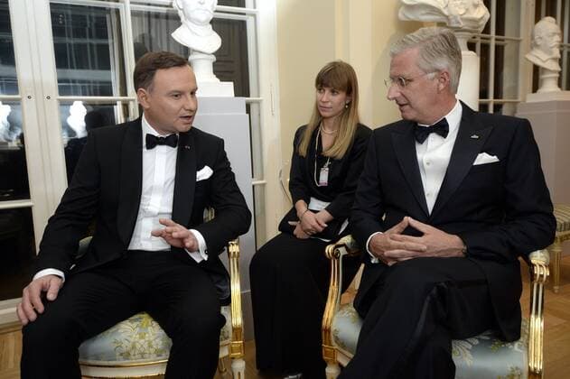 - WARSAW, POLAND: Poland s President Andrzej Duda and King Philippe - Filip of Belgium pictured after a recital by an ensemble of the National Orchestra of Belgium, at the Royal Theatre of the Old Orangery in Warsaw, Poland, on the second day of a three days State Visit of Belgium in Poland, Wednesday 14 October 2015.  POOLxCHRISTOPHExLICOPPE 04721071