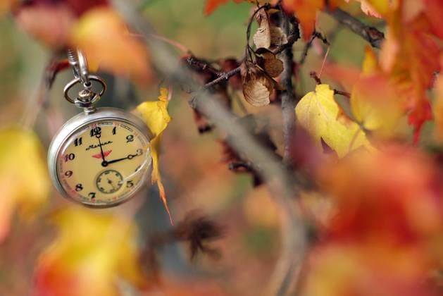 Saving time illustration 21.10.2015., Zagreb, Croatia - Clock at autumn leafs.  BornaxFilic PIXSELL