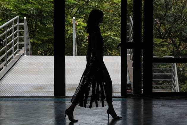 Oct. 21, 2015 - Sao Paulo, Brazil - A model presents creations of Reinaldo Lourenco during the 2016 Winter collection of the Sao Paulo Fashion Week. Sao Paulo Brazil - ZUMAp133