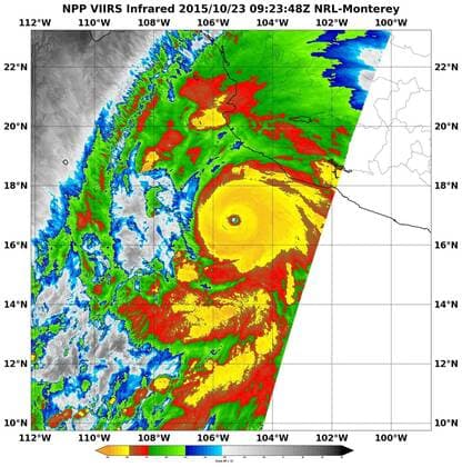 Oct 23, 2015 - Pacific Ocean - NASA image of storm eye. VIIRS imaging. Forecasters are warning of a potentially catastrophic landfall as the strongest hurricane on record in the eastern north Pacific heads for a part of Mexico that s popular with Canadian tourists. A hurricane warning is in effect for a stretch of coastline that includes the tourist resort of Puerto Vallarta, and the Canadian government is advising against all non-essential travel. Officials say the Category 5 storm is extremely dangerous with winds of up to 325 kilometres per hour, much stronger than Hurricane Katrina was when it devastated New Orleans 10 years ago. Hurricane Patricia has become one of the fastest tropical cyclones to organize itself in the world, and also now holds the record for lowest pressure in any hurricane on record. The U.S. National Hurricane Center says the storm could gain more strength be - ZUMAz03_