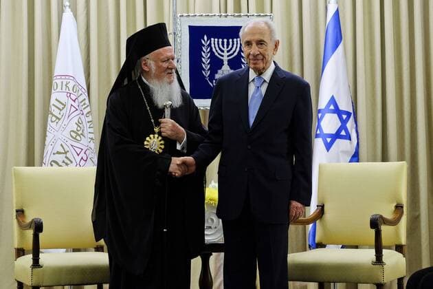 May 27, 2014 - Jerusalem, Israel - President SHIMON PERES formally welcomes Ecumenical Patriarch of Constantinople, BARTHOLEMEW I, at the Presidents Residence for a meeting to discuss the importance of inter-faith relations. The Patriarch arrived in Jerusalem to meet Pope Francis as the two reenacted the historic meeting between Pope Paul VI and Ecumenical Patriarch Athenagoras fifty years ago. - ZUMAa12